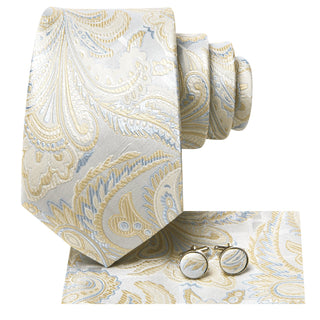 Champagne Sky Blue Paisley Silk Necktie Pocket Square Cufflinks Set