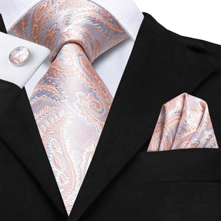 Pink Sky Blue Paisley Silk Necktie Pocket Square Cufflinks Set