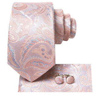 Pink Sky Blue Paisley Silk Necktie Pocket Square Cufflinks Set