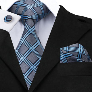 Grey Blue Plaid Silk Necktie Pocket Square Cufflinks Set