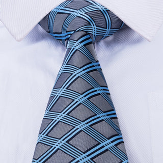 Grey Blue Plaid Silk Necktie Pocket Square Cufflinks Set