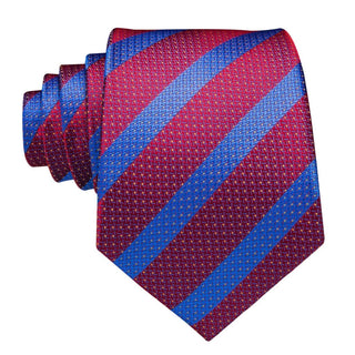 Red Blue Striped Silk Necktie Pocket Square Cufflinks Set
