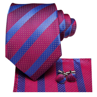Red Blue Striped Silk Necktie Pocket Square Cufflinks Set