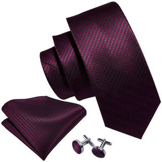 Classic Dark Red Striped Silk Necktie Pocket Square Cufflinks Set