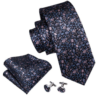 Luxury Black Pink Floral Silk Necktie Pocket Square Cufflinks Set