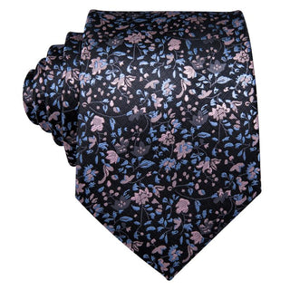 Luxury Black Pink Floral Silk Necktie Pocket Square Cufflinks Set