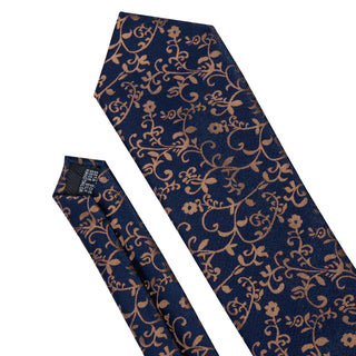 New Blue Golden Floral Silk Necktie Pocket Square Cufflinks Set