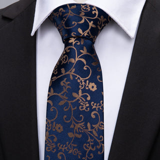 New Blue Golden Floral Silk Necktie Pocket Square Cufflinks Set