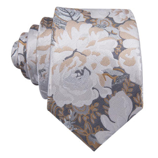 Golden Silver Grey Floral Silk Necktie Pocket Square Cufflinks Set