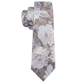 Golden Silver Grey Floral Silk Necktie Pocket Square Cufflinks Set