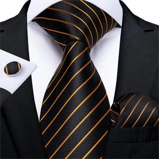 Gold Black Striped Silk Necktie Pocket Square Cufflinks Set