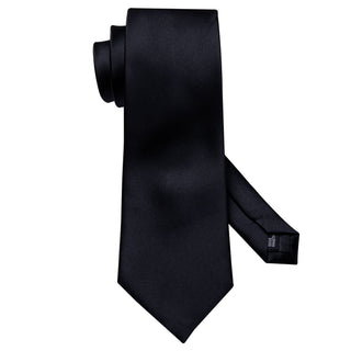 Classic Black Solid Silk Necktie Pocket Square Cufflinks Set