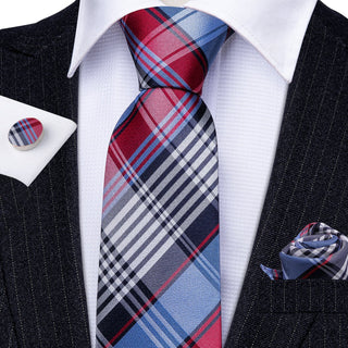 Light Blue Red Plaid Silk Necktie Pocket Square Cufflinks Set