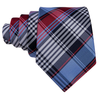 Light Blue Red Plaid Silk Necktie Pocket Square Cufflinks Set