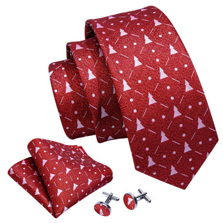 Red Christmas Tree Silk Necktie Pocket Square Cufflinks Set