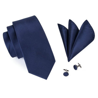 Midnight Blue Solid Silk Necktie Pocket Square Cufflinks Set