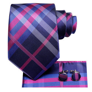 Classic Deep Blue Pink Plaid Silk Necktie Pocket Square Cufflinks Set