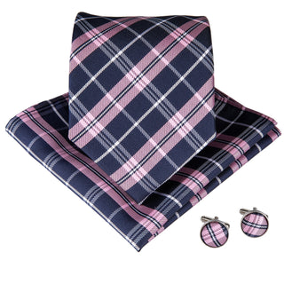 Deep Blue Pink Plaid Silk Necktie Pocket Square Cufflinks Set