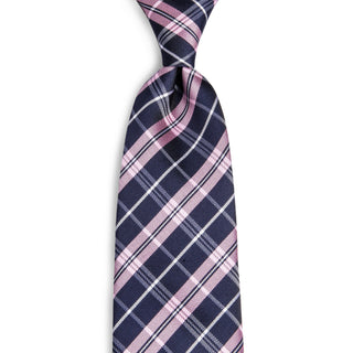 Deep Blue Pink Plaid Silk Necktie Pocket Square Cufflinks Set