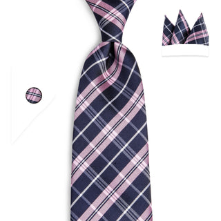 Deep Blue Pink Plaid Silk Necktie Pocket Square Cufflinks Set