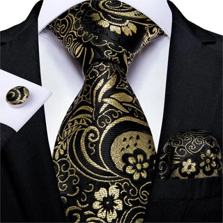 New Black Golden Striped Silk Necktie Pocket Square Cufflinks Set
