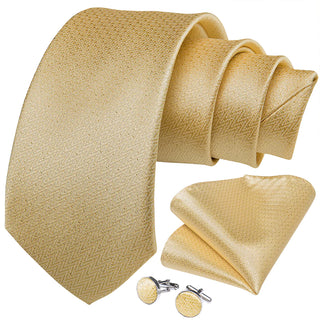 New Golden Silk Necktie Pocket Square Cufflinks Set