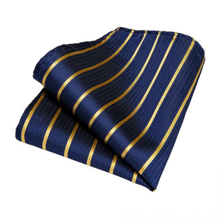 Blue Yellow Striped Floral Silk Necktie Pocket Square Cufflinks Set