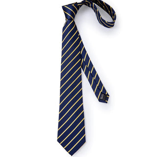 Blue Yellow Striped Floral Silk Necktie Pocket Square Cufflinks Set
