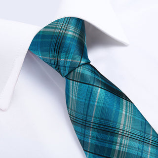 Turquoise Blue Striped Plaid Silk Necktie Pocket Square Cufflinks Set