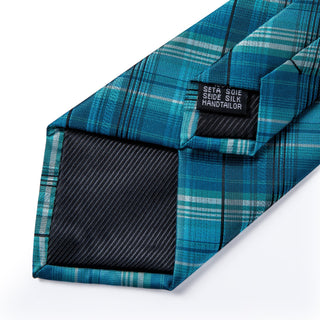 Turquoise Blue Striped Plaid Silk Necktie Pocket Square Cufflinks Set