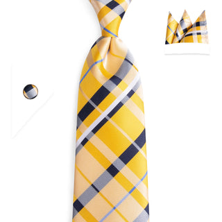 Yellow Blue Wide Striped Silk Necktie Pocket Square Cufflinks Set