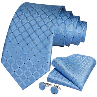 Sky Blue Plaid Silk Necktie Pocket Square Cufflinks Set