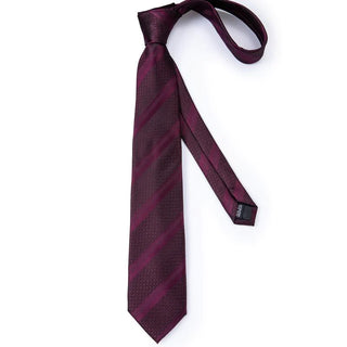 Burgundy Striped Silk Necktie Pocket Square Cufflinks Set