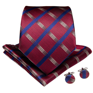 Red Blue Striped Plaid Silk Necktie Pocket Square Cufflinks Set