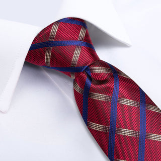 Red Blue Striped Plaid Silk Necktie Pocket Square Cufflinks Set