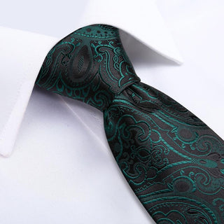 Black Green Floral Silk Necktie Pocket Square Cufflinks Set