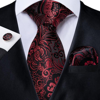 Red Black Paisley Silk Necktie Pocket Square Cufflinks Set