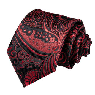 Red Black Paisley Silk Necktie Pocket Square Cufflinks Set