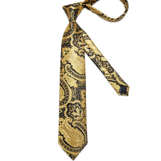 New Golden Black Paisley Silk Necktie Pocket Square Cufflinks Set