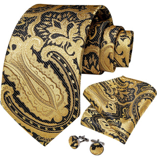 New Golden Black Paisley Silk Necktie Pocket Square Cufflinks Set