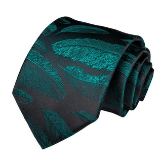 Black Green Feather Novelty Silk Necktie Pocket Square Cufflinks Set