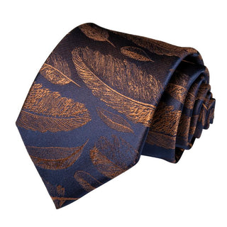 Blue Brown Feather Novelty Silk Necktie Pocket Square Cufflinks Set