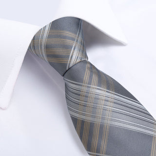 New Tender Style Grey Plaid Silk Necktie Pocket Square Cufflinks Set