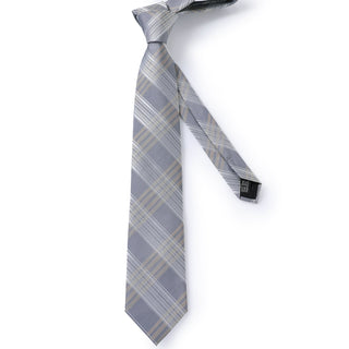 New Tender Style Grey Plaid Silk Necktie Pocket Square Cufflinks Set
