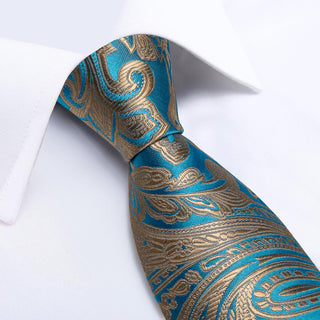 Teal Gold Paisley Silk Necktie Pocket Square Cufflinks Set