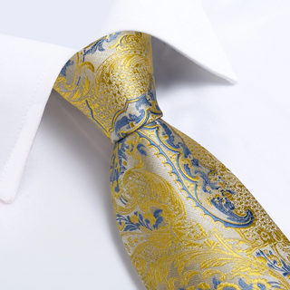 New Yellow Blue Floral Men's Necktie Pocket Square Cufflinks Set