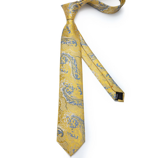 New Yellow Blue Floral Men's Necktie Pocket Square Cufflinks Set