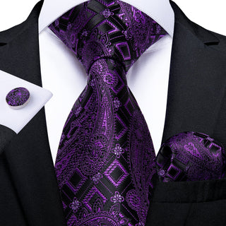 New Purple Black Paisley Silk Necktie Pocket Square Cufflinks Set
