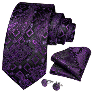 New Purple Black Paisley Silk Necktie Pocket Square Cufflinks Set