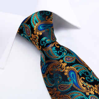 New Navy Blue Golden Paisley Necktie Pocket Square Cufflinks Set